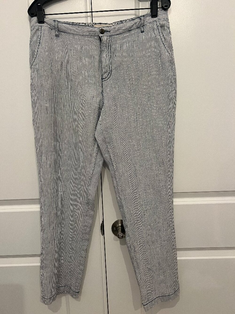 Anthropologie Marrakech 100% Linen Pants Women's White Blue Stripes sz 31